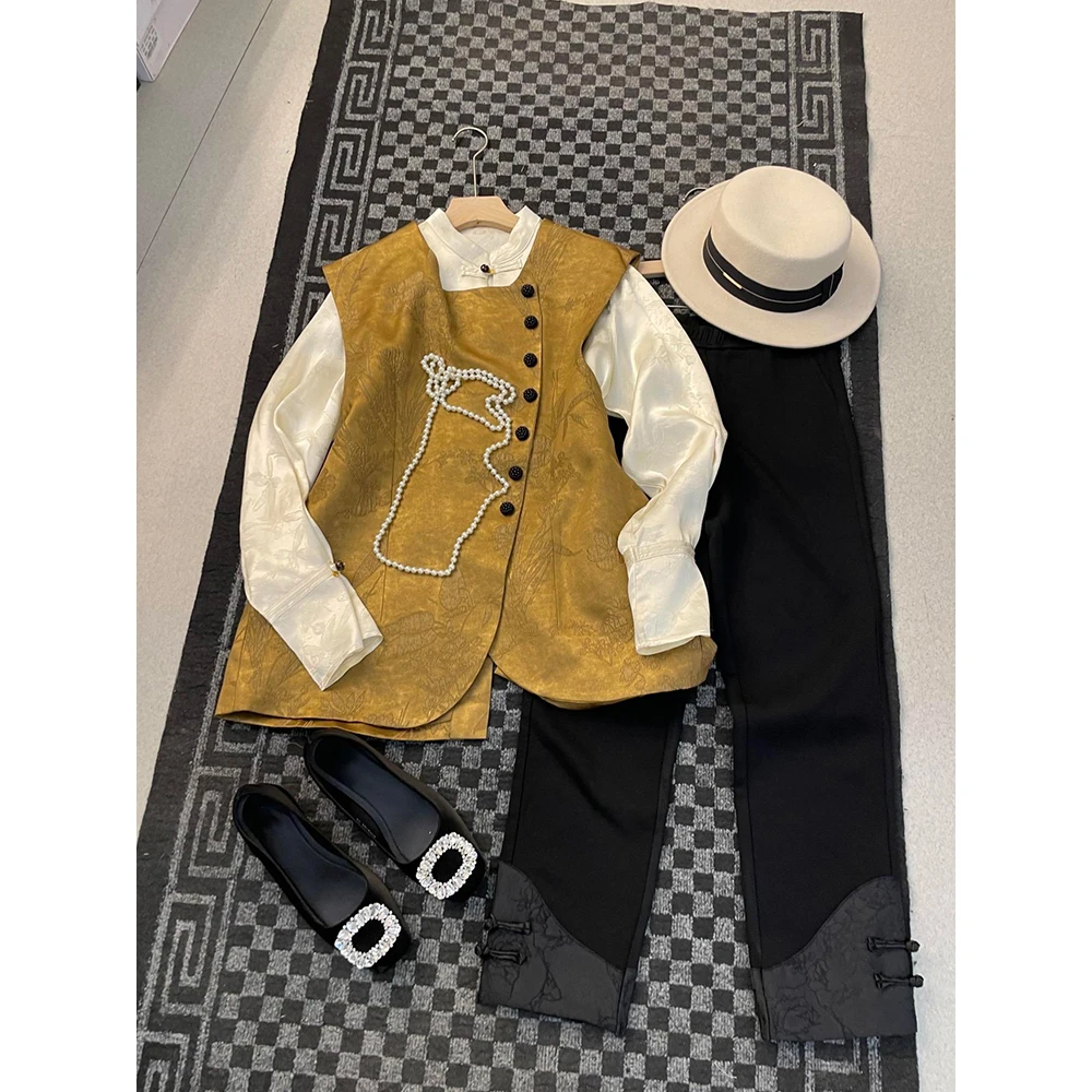 2024早秋新款高端复古改良唐装新中式国风黄色马甲衬衫两件套装女