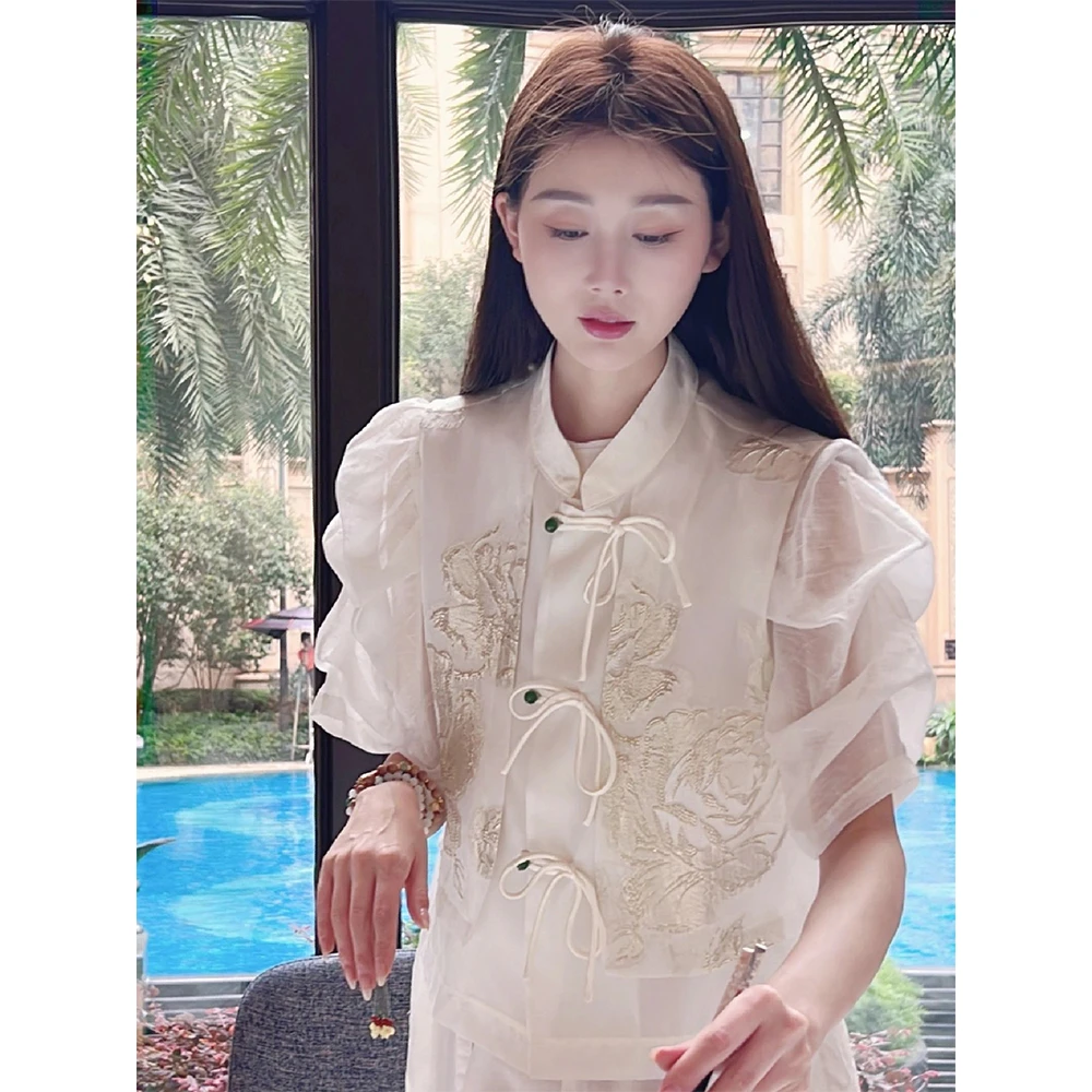 新中式女装国风禅意唐装上衣茶服白色马甲衬衫连衣裙子套装女夏装