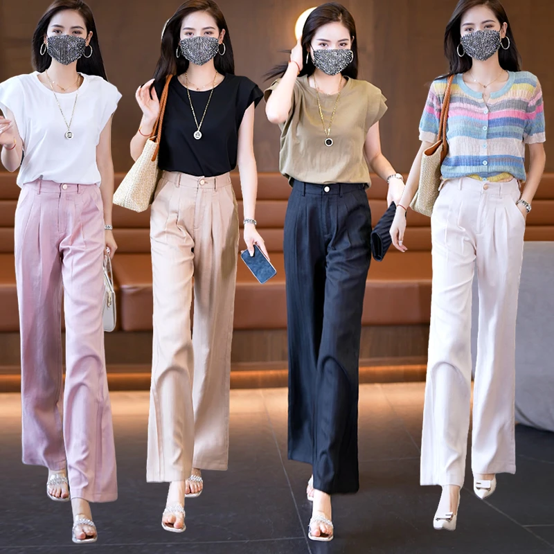 慵懒天丝亚麻阔腿裤女高腰垂感夏薄款显瘦宽松休闲直筒八分山本裤