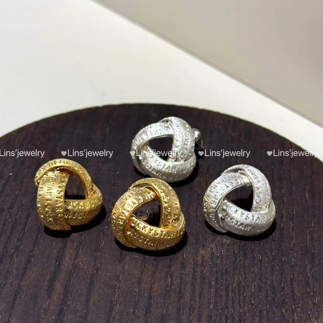 铜合金耳饰 刻字雾面镂空绳结耳钉~百搭通勤时尚韩版设计感耳钉