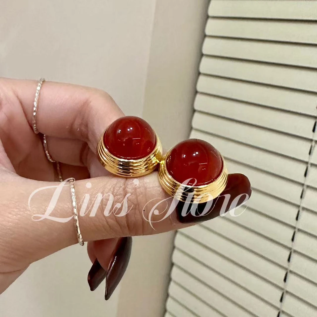 铜合金耳饰 宫廷风复古高级网红款金边焦糖红气质时尚经典耳饰