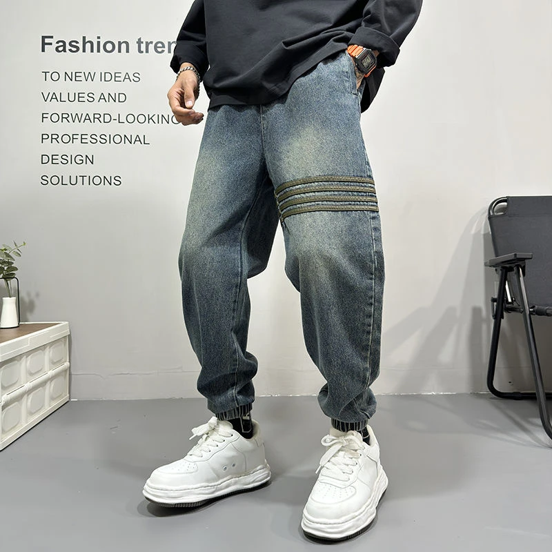 美式复古重磅工装牛仔裤男士秋季新款宽松潮牌拼接休闲束脚哈伦裤