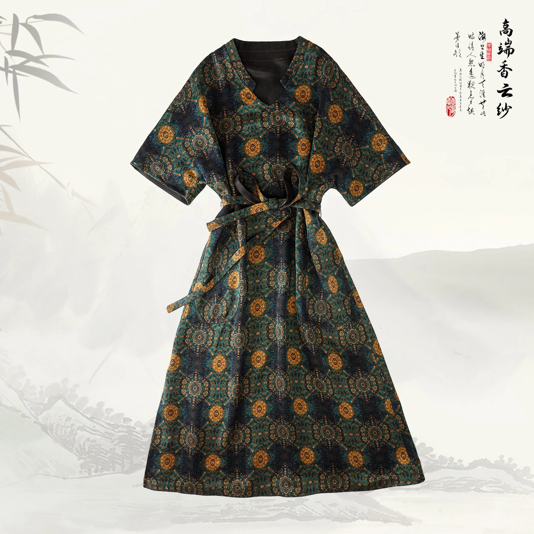 【星空钻石领】品牌香云纱桑蚕丝国风印花宽松简约V领连衣裙419473