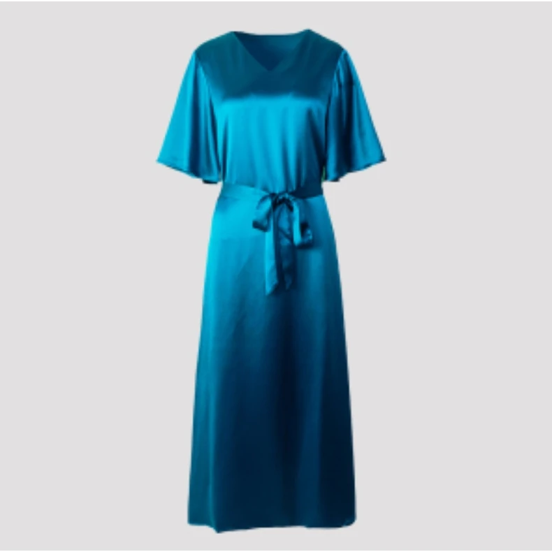 新款V领纯色宽松系带中长裙时尚气质夏季百搭光面连衣裙32506