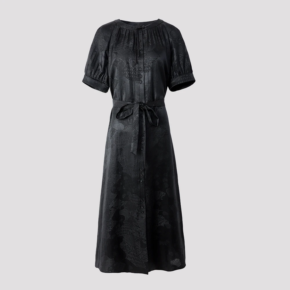 陌妆品牌桑蚕丝香云纱提花连衣裙32076