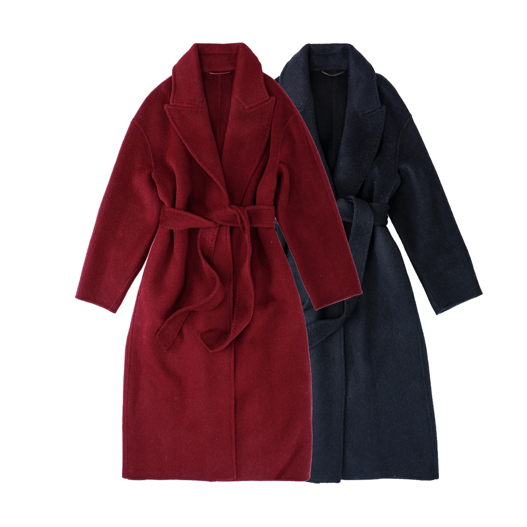 品牌新款双面穿骆驼绒纯色系腰带毛呢翻领长款大衣44026