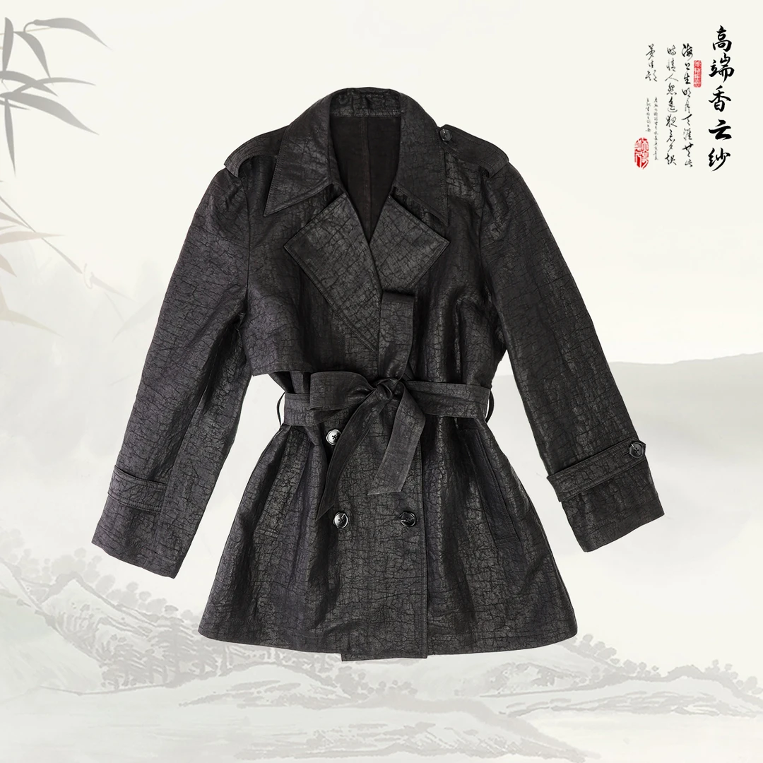 【牛龟风衣】品牌新款香云纱新中式龟裂纹翻领风衣外套439716