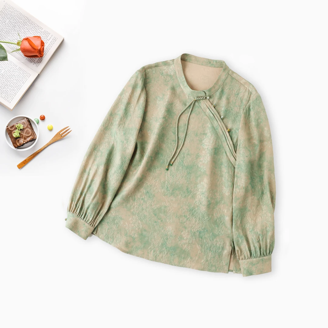 【清秋】品牌新款香云纱新中式印花时尚百搭盘扣上衣43682