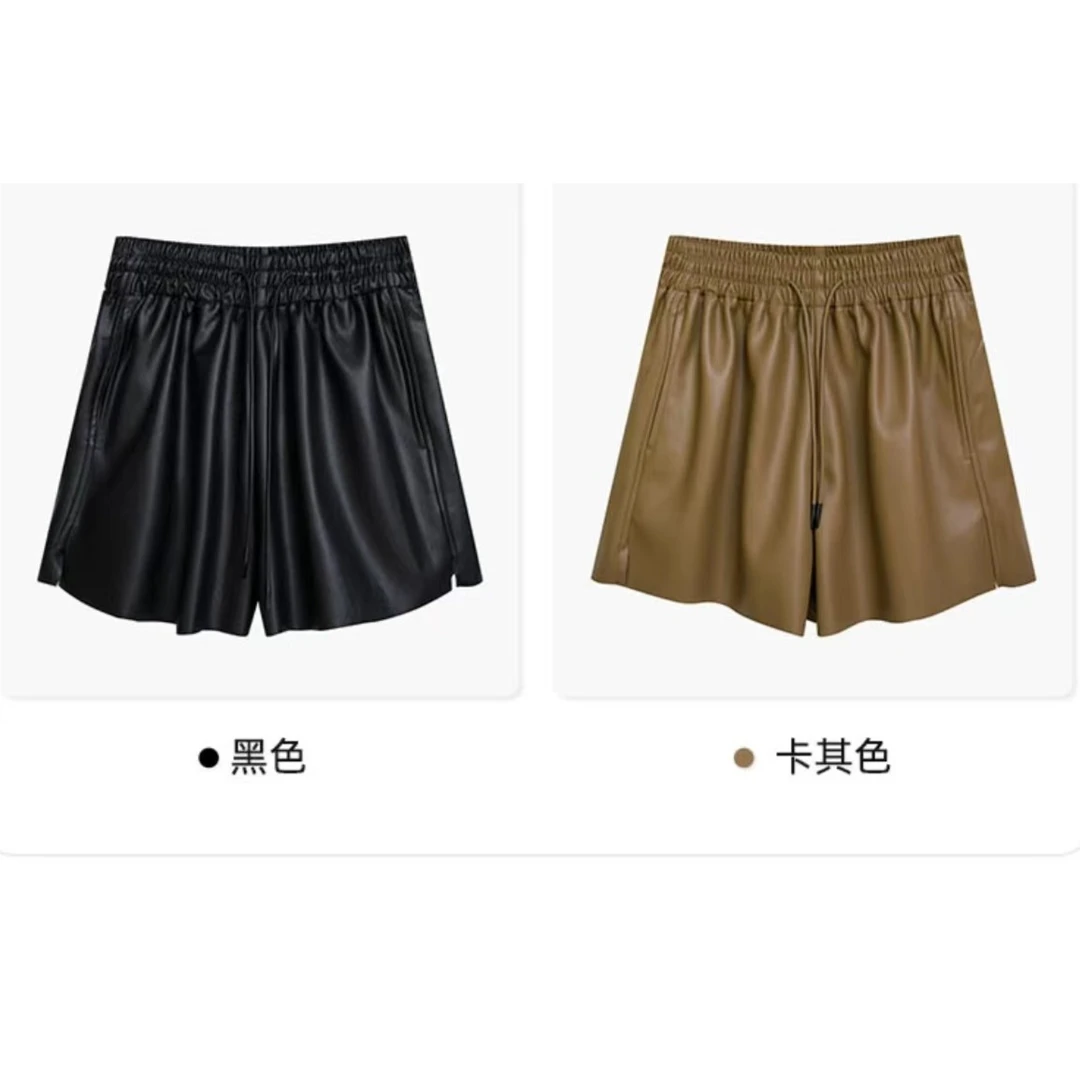 2024新款复古小众高腰韩版PU皮阔腿休闲短裤女=008