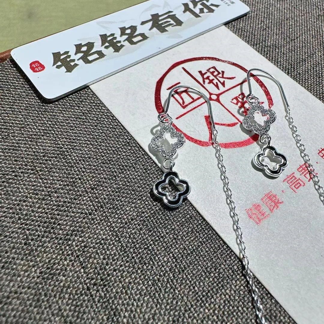 足银合成锆石耳饰 双四叶新款耳线
