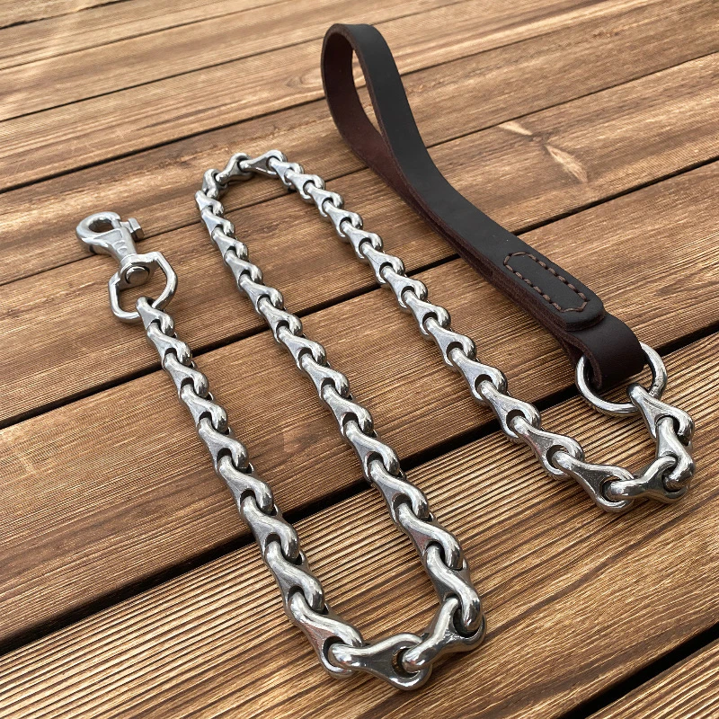 牛皮遛狗绳牵引绳304不锈钢牵引链中大型犬猛犬龙骨狗链子防咬