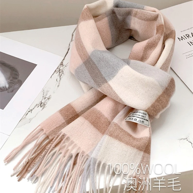 100%澳洲wool纯羊毛围巾女冬季高级感2024新款英伦风围脖生日礼物