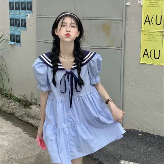 法式甜美宽松连衣裙显瘦夏季学生学院风海军领系带韩版裙子泡泡袖