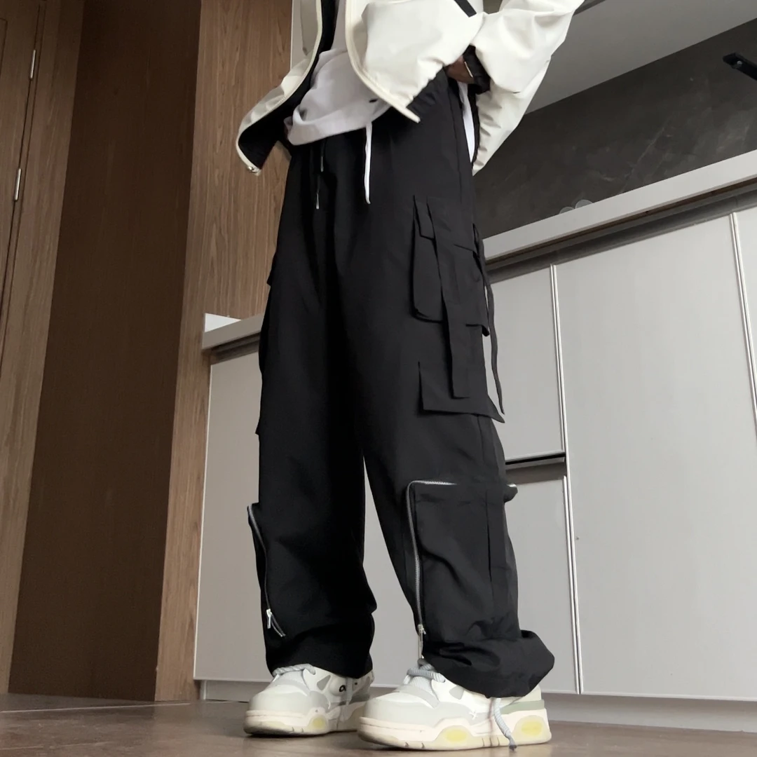 HN潮牌-美式高街拉链秋季设计感休闲裤男宽松百搭直筒工装长裤
