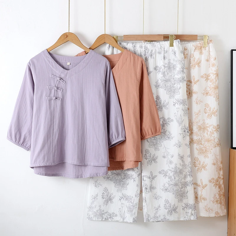 【新中式】国风纯棉双层纱盘扣睡衣女春夏季薄款七分袖九分裤家居服