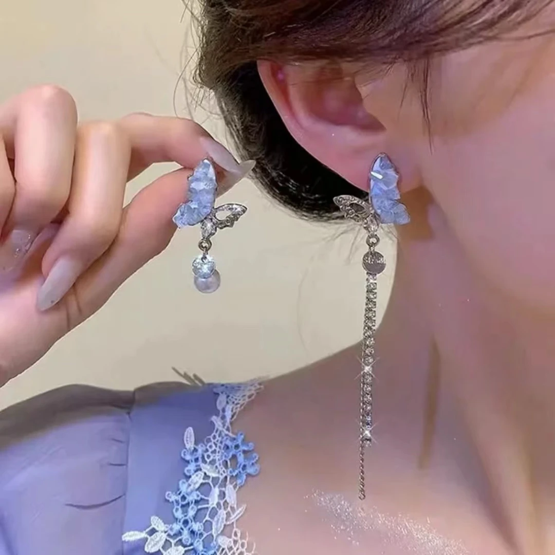 铜合金耳饰 【蝶恋花】蓝色时尚百搭小众优雅仙女超仙耳环女-513