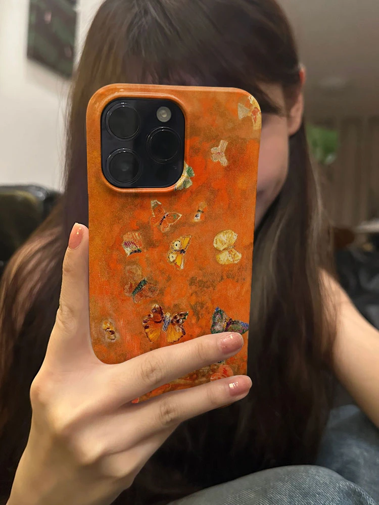 新款古橙蝴蝶苹果15promax小众手机壳iPhone14复古菲林13高级感12