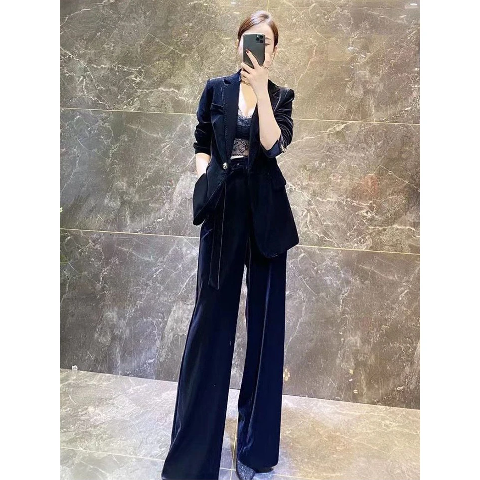 高级感春秋新款韩版金丝绒洋气显瘦气质西装套装高腰阔腿裤一整套