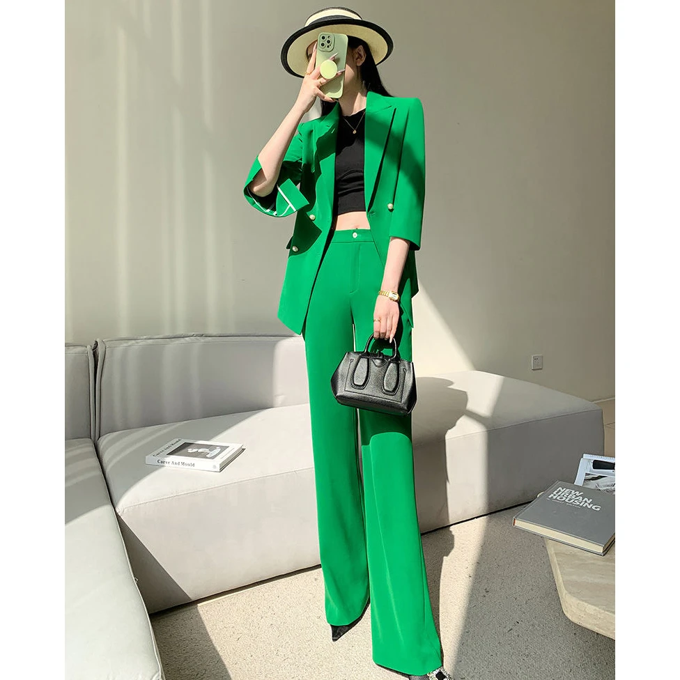 夏季韩版气质洋气减龄炸街显瘦西装套装女垂感微喇叭裤长裤两件套