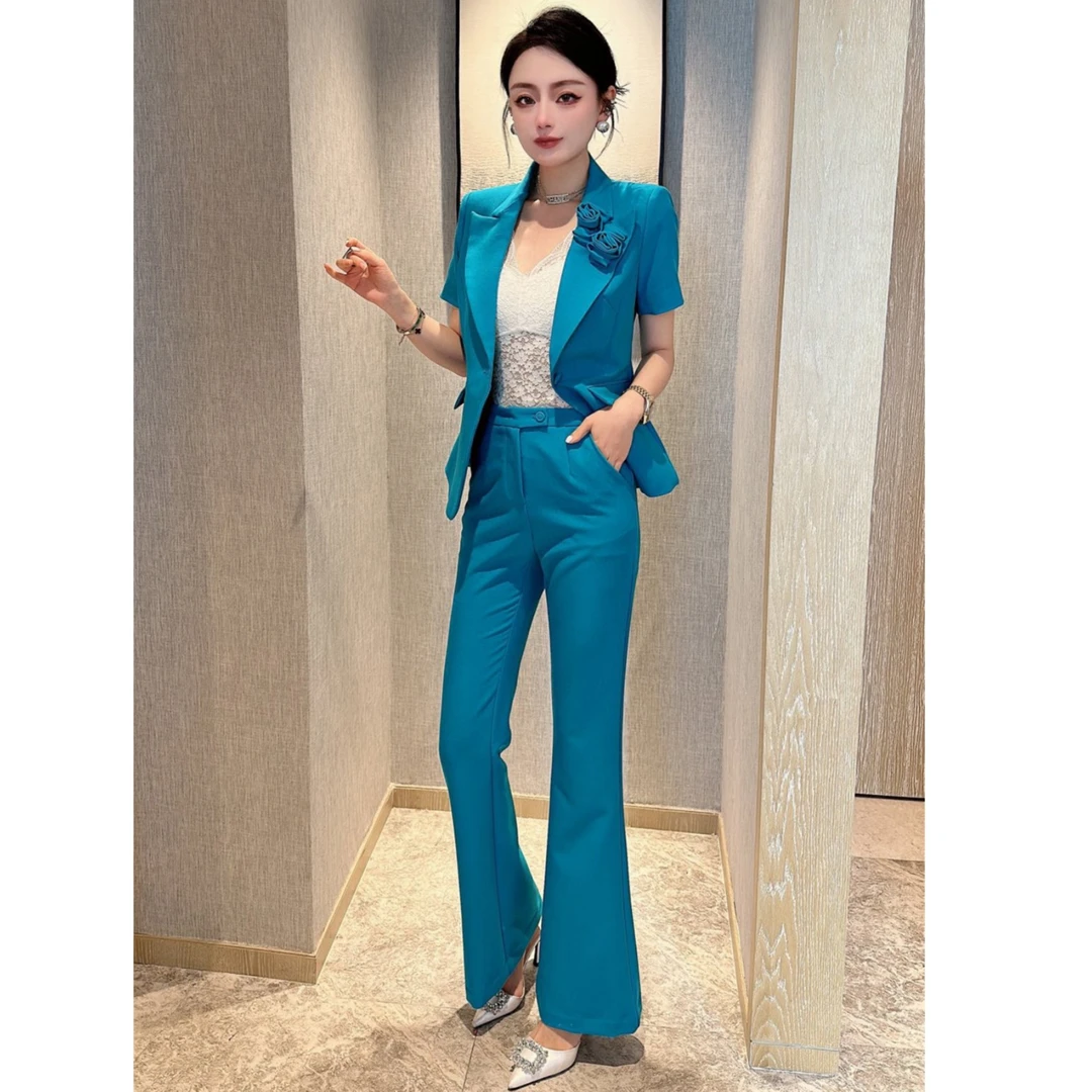 高级感轻奢气质洋气减龄显瘦薄款短袖西装套装女微喇叭裤子两件套