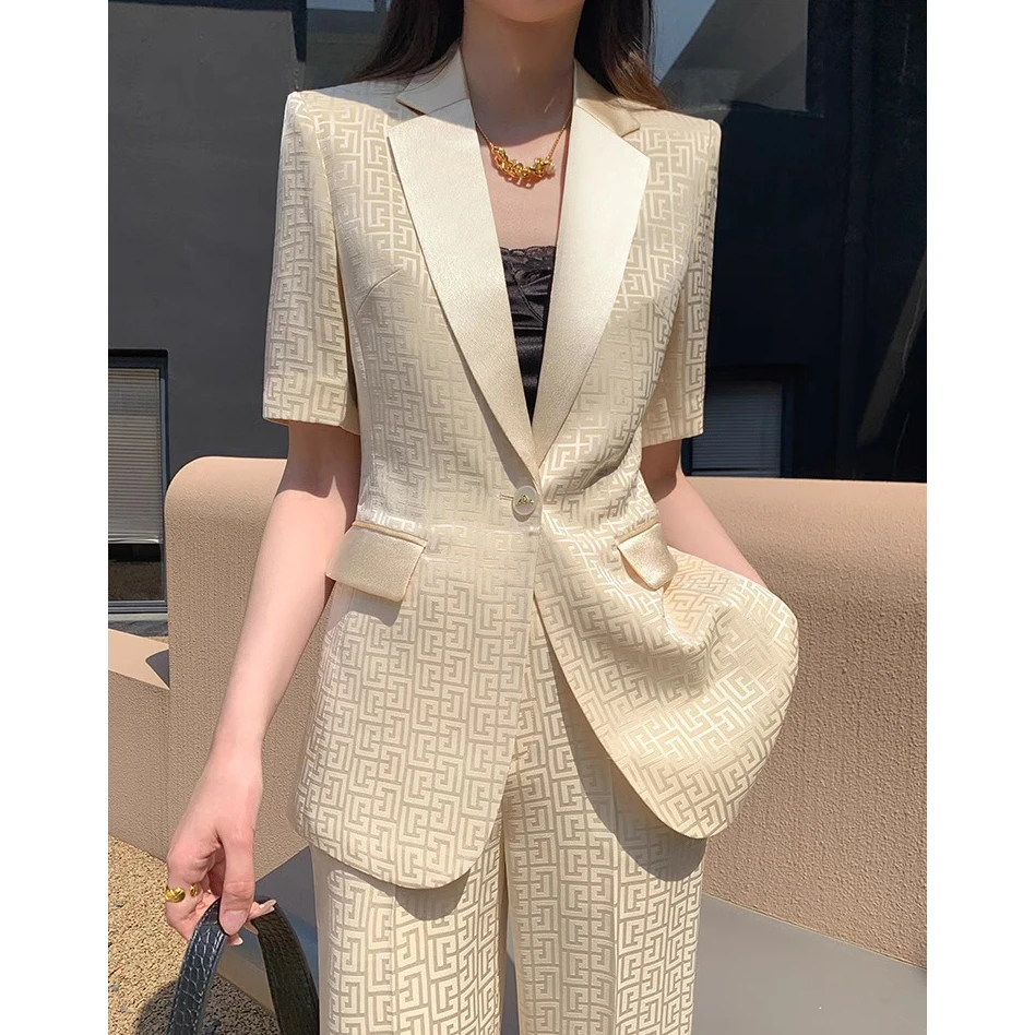 高级感夏季轻奢气质显瘦薄款西装套装女高腰微喇叭裤长裤两件套