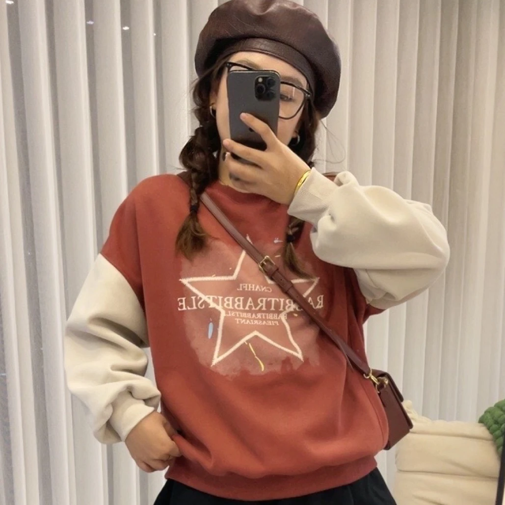 秋冬加厚圆领宽松长袖卫衣加绒韩版休闲冬季时尚设计感百搭印花