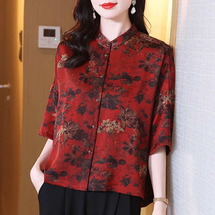 真丝香云纱衬衫2024春夏新品龟裂纹复古中式改良开衫七分袖上衣女