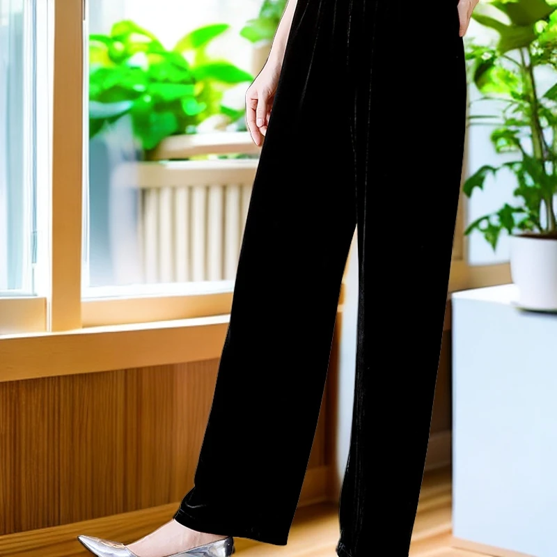 黑色时尚真丝丝绒裤子女士显瘦宽松秋冬垂感直筒阔腿裤洋气长裤