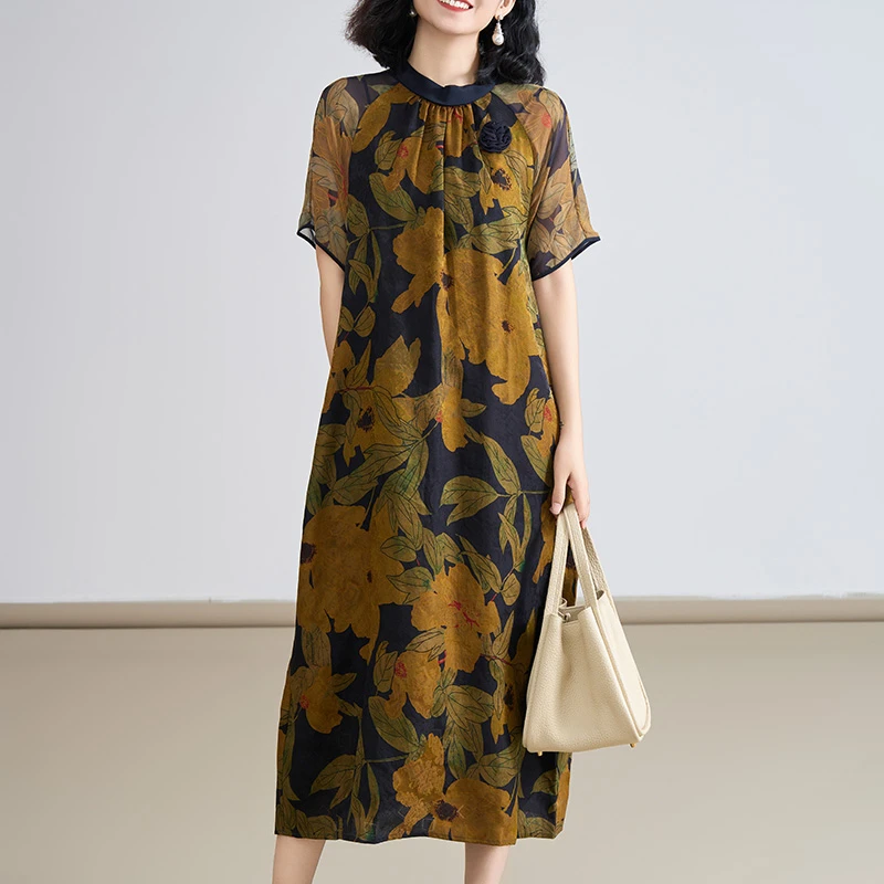 圆领时尚显瘦印花香云纱真丝连衣裙连肩短袖女人味气质桑蚕丝长裙