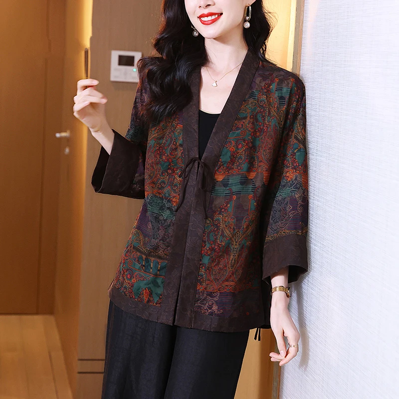 民族风印花重磅香云纱真丝开衫上衣女复古中式九分袖桑蚕丝茶服