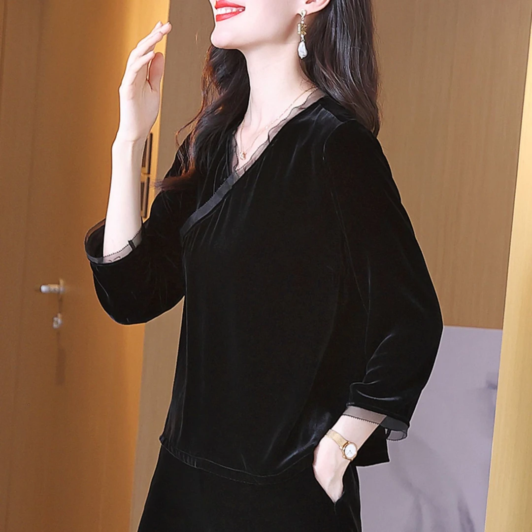 气质v领七分袖真丝上衣黑色百搭洋气打底桑蚕丝衬衫秋冬简约小衫