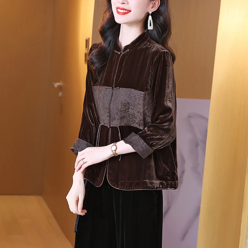秋季复古洋气丝绒上衣女士宽松七分袖气质桑蚕丝开衫短外套国潮风