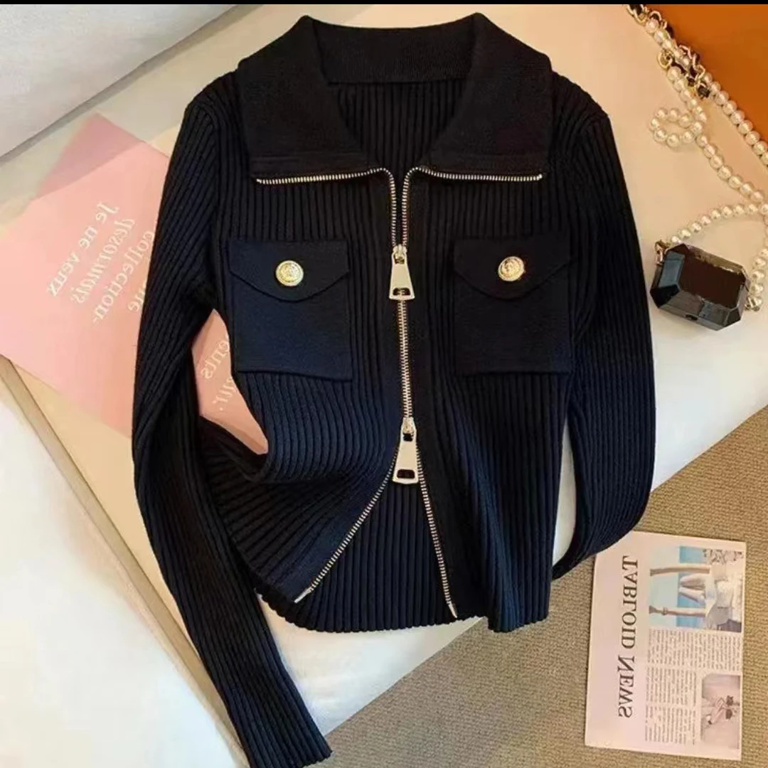 现货！时尚轻熟海军领双拉链针织长袖秋季百搭开衫毛衣0130