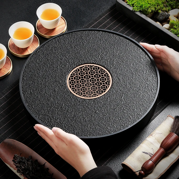 现代轻奢小茶盘家用储排水干泡台功夫茶具茶杯托盘沥水圆形茶海
