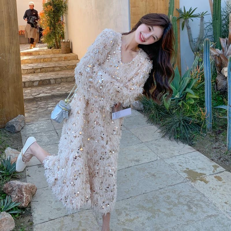 氛围感流苏亮片连衣裙女2024春秋新款设计感小个子气质高级感裙子