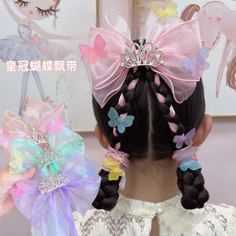 【梦蜜】儿童新春夏蝴蝶皇冠飘带蝴蝶结发夹女童后脑勺雪纱轻柔发