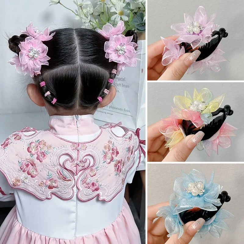 【梦蜜】儿童新精致珠珠花朵马尾夹丸子头发扣雪纱珍珠花心手缝花