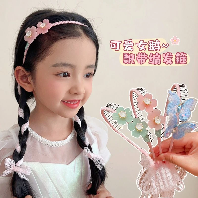 儿童新古风淡雅花朵蕾丝飘带发箍翩翩蝴蝶仙气公主头箍编发带发饰