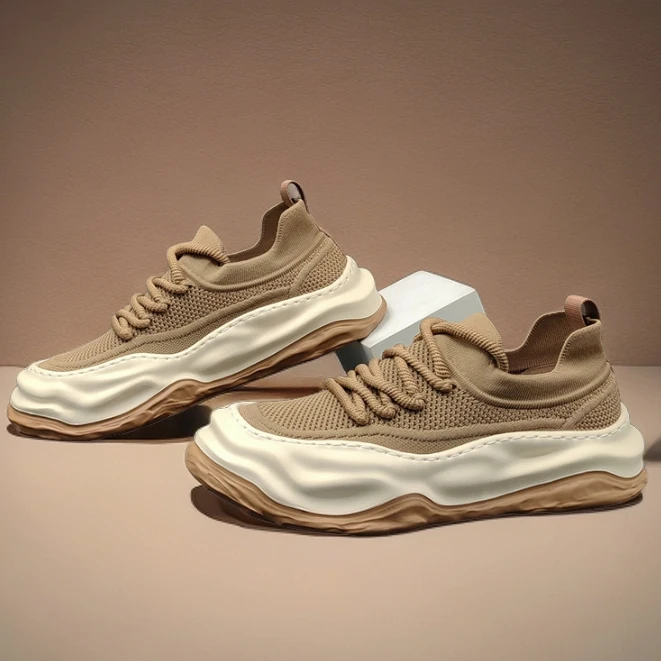 男士夏季透气飞织鞋厚底运动休闲鞋百搭欧洲站男鞋潮流系带溶解鞋