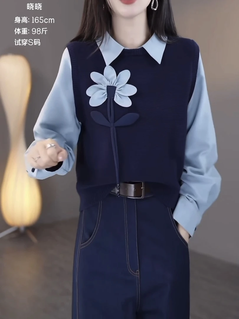 【繁花似锦】立体手工花针织拼接衬衫假两件时尚长袖上衣5741