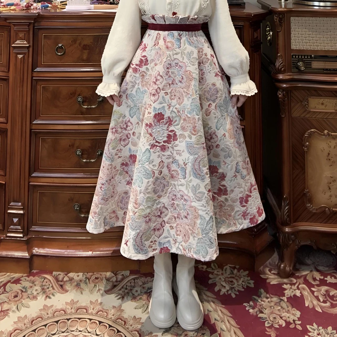 现货法式复古提花撞色显瘦半身裙 5852碎花气质网红