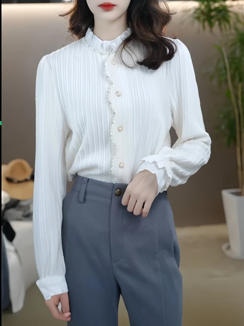 法式立领长袖针织衫女蕾丝花边拼接衬衣别致漂亮上衣5769白色衬衫