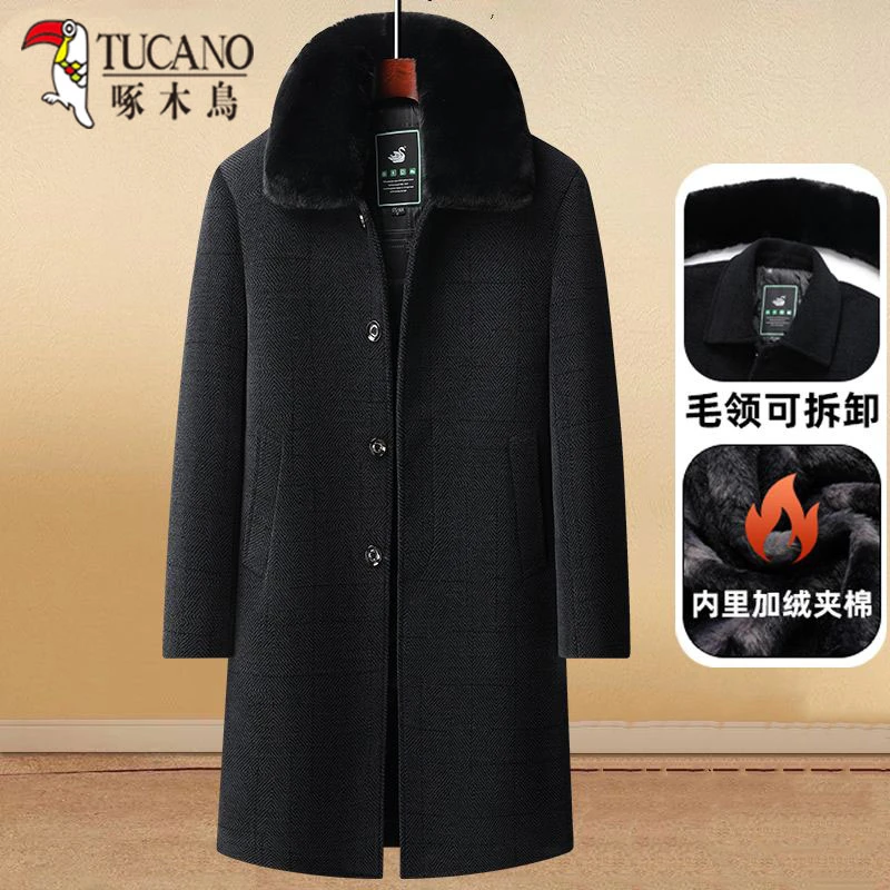 啄木鸟毛呢大衣男中老年毛呢外套男士中长款雪尼尔爸爸加绒加厚冬