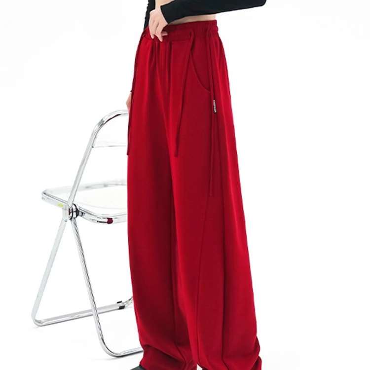 美式红色运动裤女2024秋冬加绒新款宽松高街爵士香蕉阔腿休闲卫裤