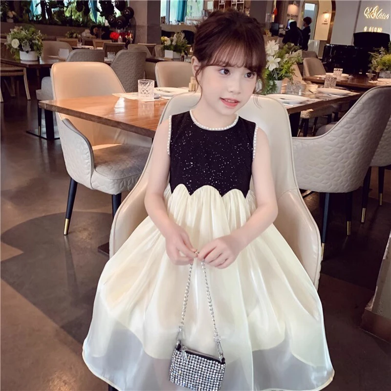 女童夏季法式背心裙2024新款小女孩洒银拼接公主裙中小童夏款裙子