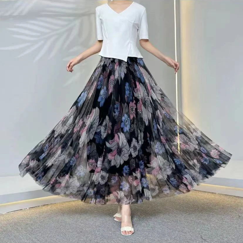 秋冬新款20片拼接5D立体数码直喷网纱裙高品质显瘦气质飘逸大摆裙