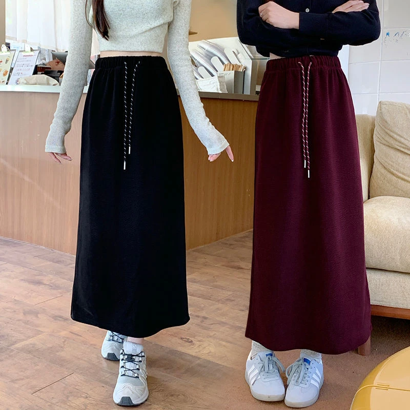 休闲时尚气质松紧中长款半身裙抽绳直筒2024开叉秋冬新款气质裙子