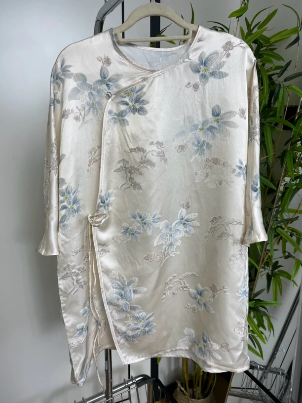 100桑蚕丝毛衫衬衫女款短袖上衣打底衫小衫国风夏季气质中式斜襟