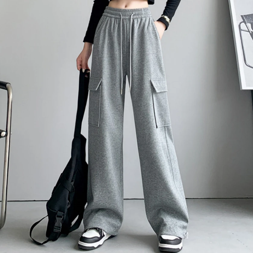 秋冬工装裤女宽松高腰直筒束脚裤抽绳垂感休闲运动裤