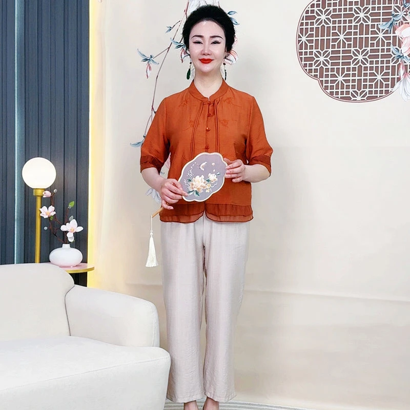 中年妈妈夏装套装2024新款洋气中老女中式国风中袖上衣裤子两件套